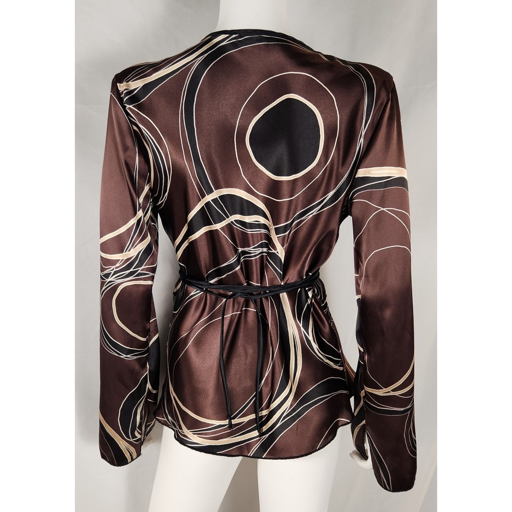 VTG Studio Y Brown Satin Wrap Blouse Y2K 90s Indie Retro Loose Sleeve Top M/L* - Picture 2 of 12